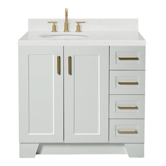 Ariel Taylor 36 In. Left Offset Oval Sink Bathroom Vanity With Carrara White Quartz Countertop 1.5 Edge In Grey