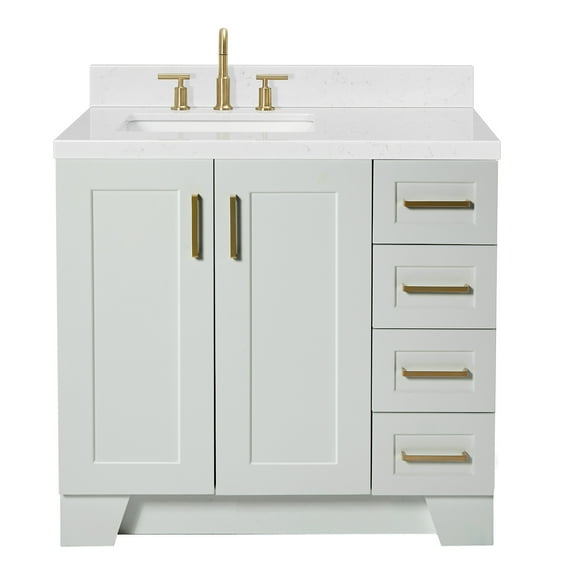 Ariel Taylor 36 In. Left Offset Rectangle Sink Bathroom Vanity With Carrara White Quartz Countertop 1.5 Edge In Grey