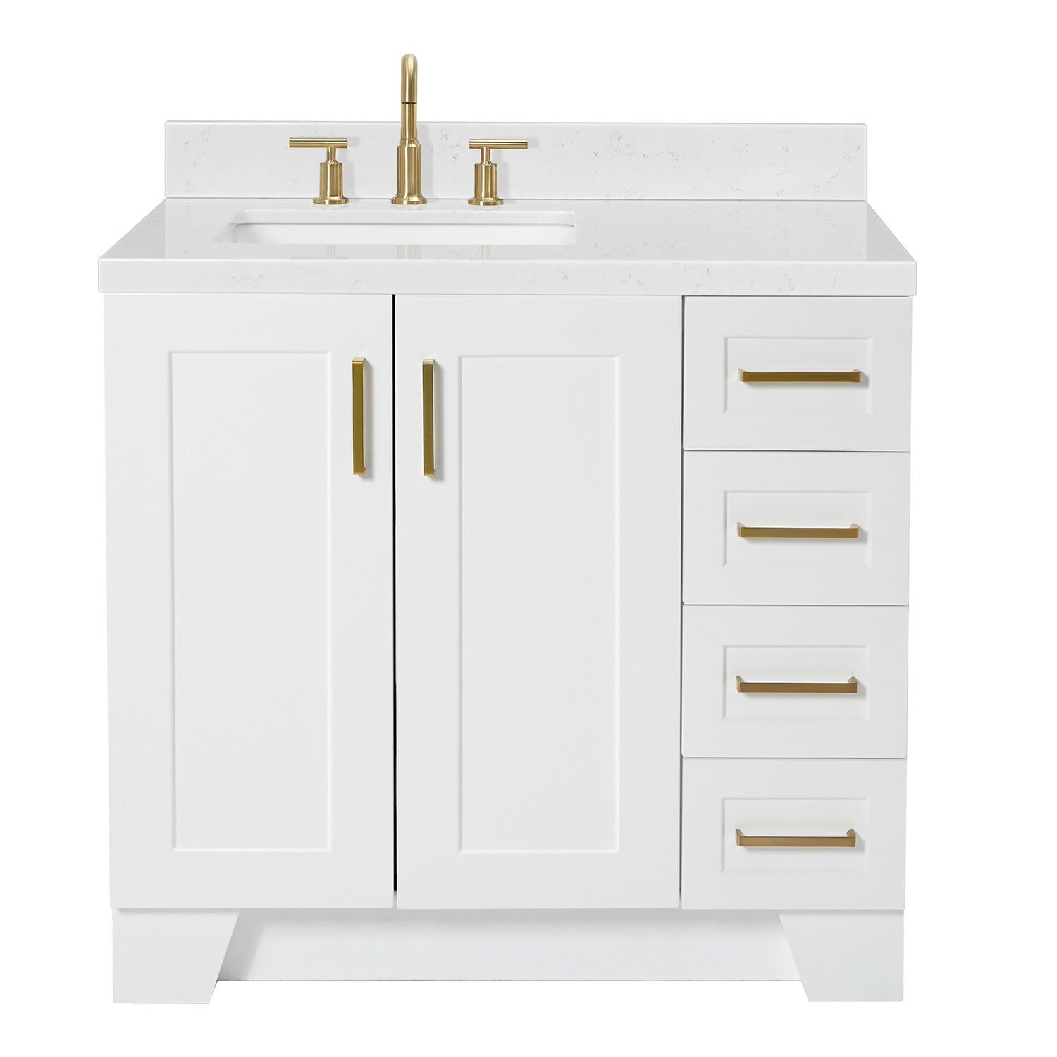 White Quartz Single Basin Freestanding Vanity with Gold Hardware