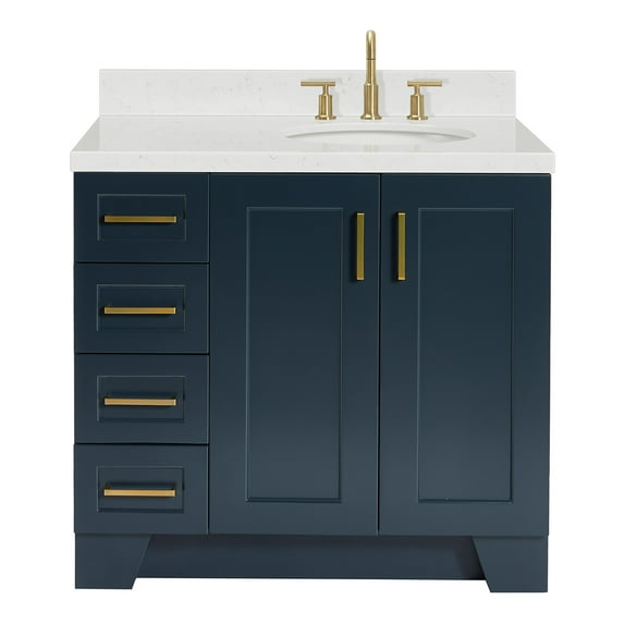 Ariel Taylor 36 In. Right Offset Oval Sink Bathroom Vanity With Carrara White Quartz Countertop 1.5 Edge In Midnight Blue