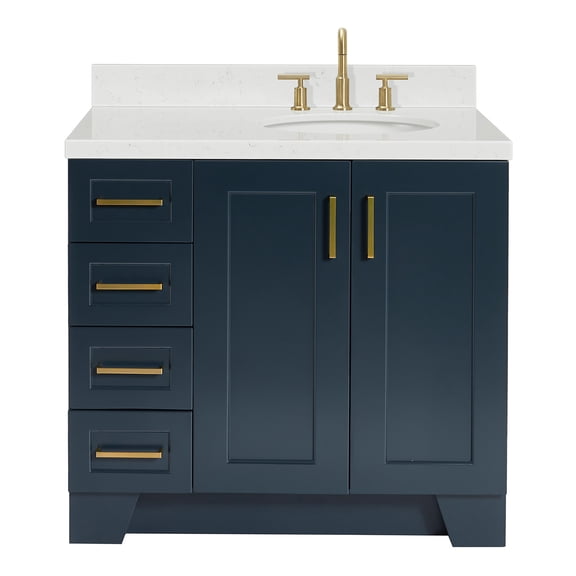 Ariel Taylor 36 In. Right Offset Oval Sink Bathroom Vanity With Carrara White Quartz Countertop 1.5 Edge In Midnight Blue