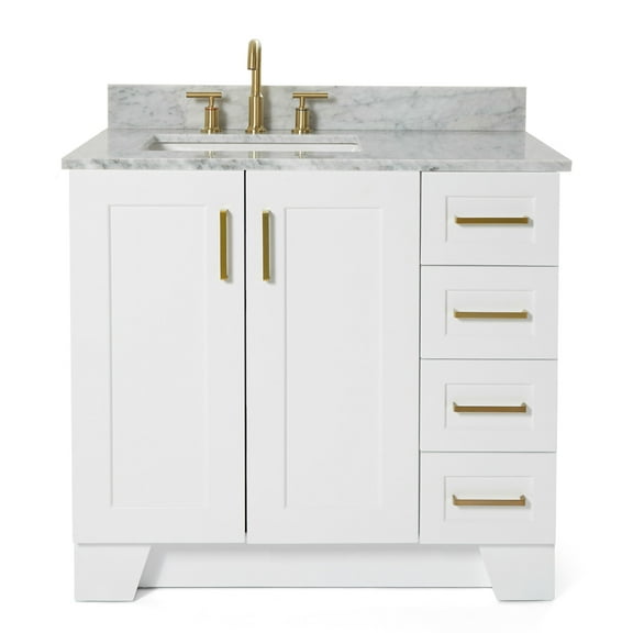 Ariel Taylor 37 In. Left Offset Single Rectangle Sink Vanity With Carrara White Marble 0.75In Countertop In White