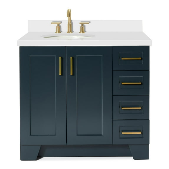 Ariel Taylor 37 In. Left Offset Oval Sink Vanity With White Quartz Countertop In Midnight Blue