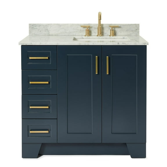 Ariel Taylor 37 In. Right Offset Single Rectangle Sink Vanity With Carrara White Marble 0.75In Countertop In Midnight Blue