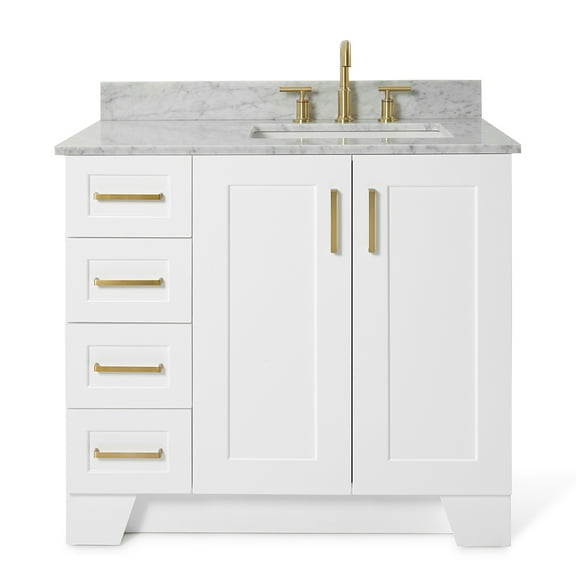 Ariel Taylor 37 In. Right Offset Single Rectangle Sink Vanity With Carrara White Marble 0.75In Countertop In White