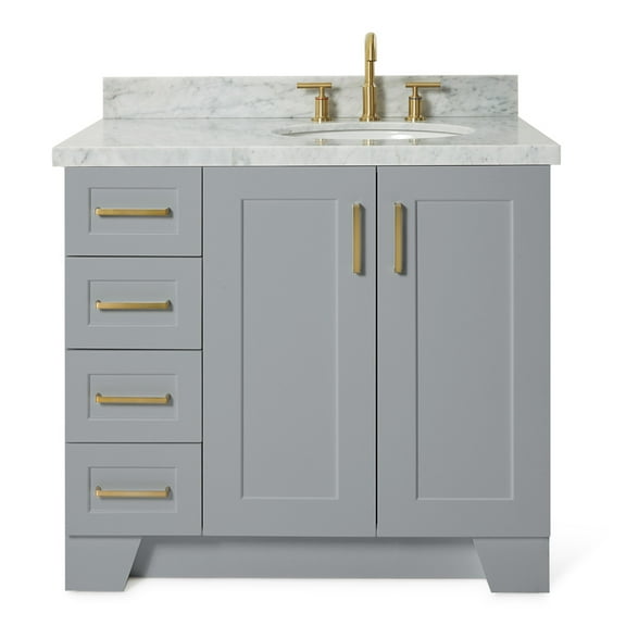 Ariel Taylor 37 In. Right Offset Oval Sink Vanity With Carrara White Marble Countertop In Grey
