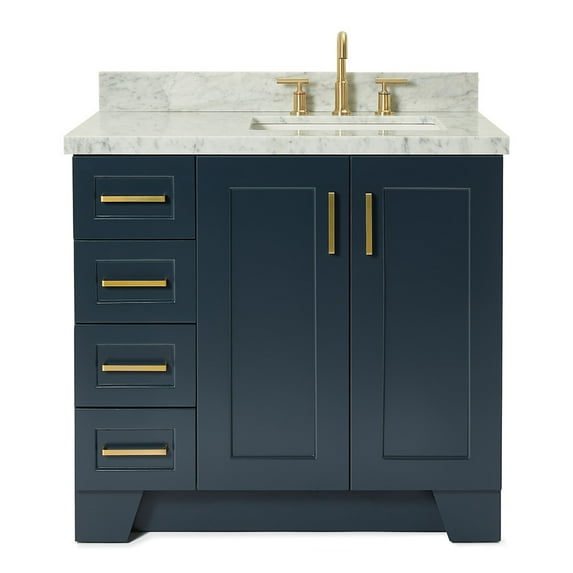 Ariel Taylor 37 In. Right Offset Rectangle Sink Vanity With Carrara White Marble Countertop In Midnight Blue