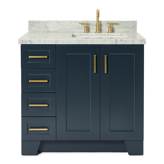 Ariel Taylor 37 In. Right Offset Rectangle Sink Vanity With Carrara White Marble Countertop In Midnight Blue