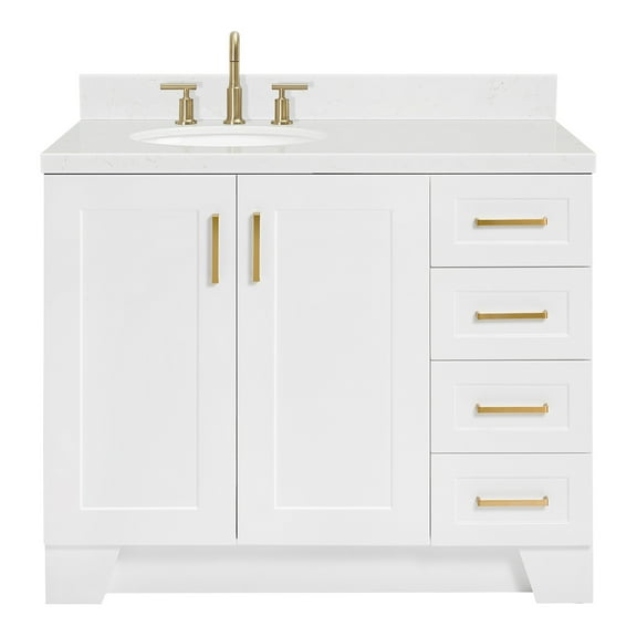 Ariel Taylor 42 In. Left Offset Oval Sink Bathroom Vanity With Carrara White Quartz Countertop 1.5 Edge In White
