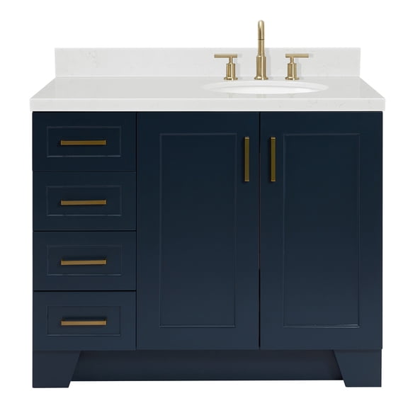 Ariel Taylor 42 In. Right Offset Oval Sink Bathroom Vanity With Carrara White Quartz Countertop 1.5 Edge In Midnight Blue