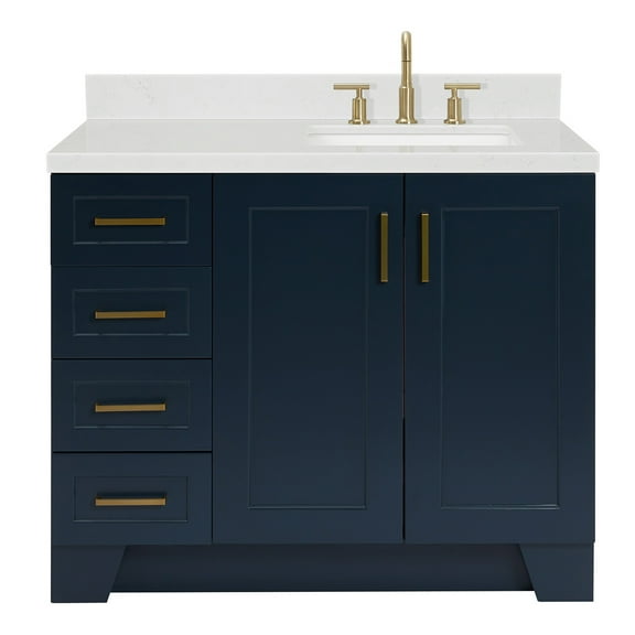 Ariel Taylor 42 In. Right Offset Rectangle Sink Bathroom Vanity With Carrara White Quartz Countertop 1.5 Edge In Midnight Blue