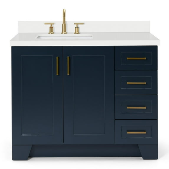 ARIEL 43" Midnight Blue Bathroom Vanity, 1.5" Edge Pure White Quartz Countertop & Splashes, Rectangular Sink, 2 Soft Closing Doors, 5 Full Extension Dovetail Drawers, Toe Kick, Satin Brass
