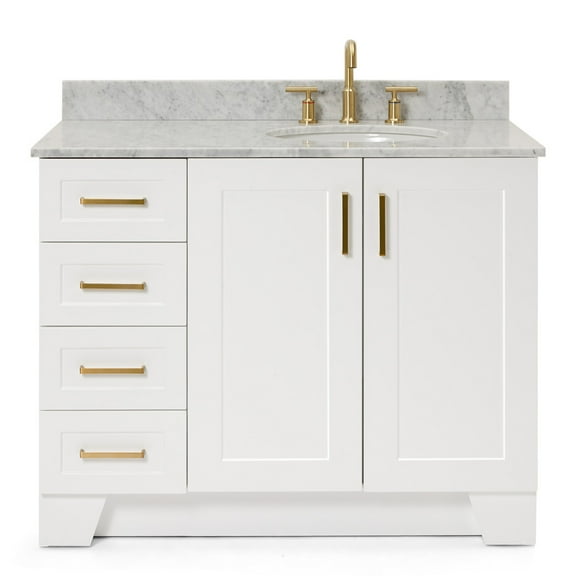 Ariel Taylor 43 In. Right Offset Single Oval Sink Vanity With Carrara White Marble 0.75In Countertop In White