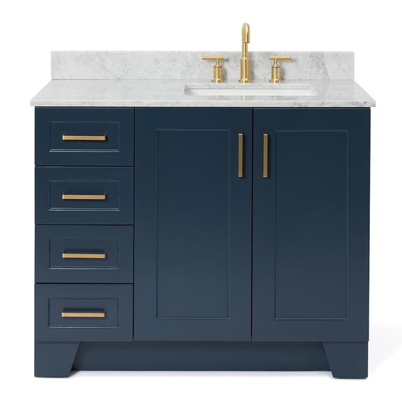 Ariel Taylor 43 In. Right Offset Single Rectangle Sink Vanity With Carrara White Marble 0.75In Countertop In Midnight Blue