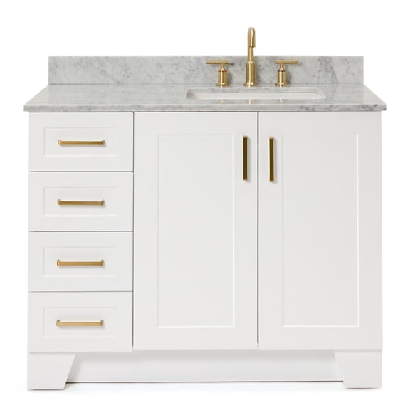 Ariel Taylor 43 In. Right Offset Single Rectangle Sink Vanity With Carrara White Marble 0.75In Countertop In White