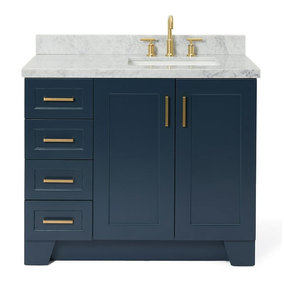 Ariel Taylor 43 In. Right Offset Rectangle Sink Vanity With Carrara White Marble Countertop In Midnight Blue