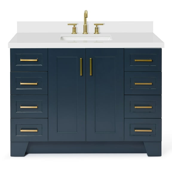 ARIEL 49" Midnight Blue Bathroom Vanity 1.5" Edge Pure White Quartz Countertop & Splash, Rectangular Sink, 2 Soft Closing Doors, 9 Full Extension Dovetail Drawers, Brushed Nickel