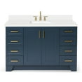 thumbnail image 1 of ARIEL 55" Midnight Blue Bathroom Vanity, 1.5" Edge Pure White Quartz Countertop & Splash, Rectangular Sink, 2 Soft Closing Doors, 9 Full Extension Dovetail Drawers, Toe Kick, Satin Brass, 1 of 9