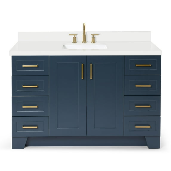 ARIEL 55" Midnight Blue Bathroom Vanity, 1.5" Edge Pure White Quartz Countertop & Splash, Rectangular Sink, 2 Soft Closing Doors, 9 Full Extension Dovetail Drawers, Toe Kick, Satin Brass