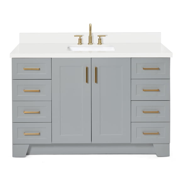 ARIEL 55" Grey Bathroom Vanity with 1.5" Edge Pure White Quartz Countertop & Backsplash, Center Rectangular Sink, 2 Soft Closing Doors, 9 Full Extension Dovetail Drawers, Toe Kick, Satin Brass