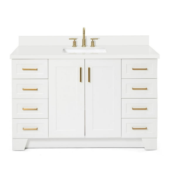 ARIEL 55" White Bathroom Vanity 1.5" Edge Pure White Quartz Countertop & Splash, Rectangular Sink, 2 Soft Closing Doors, 9 Full Extension Dovetail Drawers, Satin Brass