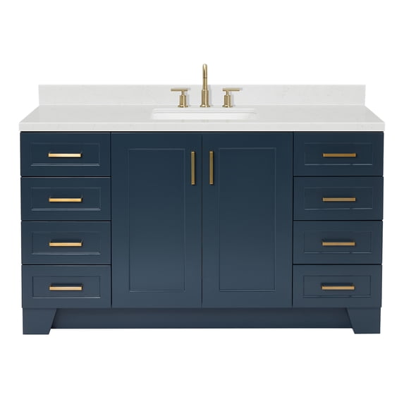 ARIEL Taylor 60" Midnight Blue Bathroom Vanity, 1.5" Edge Carrara Quartz Countertop & Splash, Rectangular Sink, 2 Soft Closing Doors, 9 Full Extension Dovetail Drawers, Toe Kick, Satin Brass