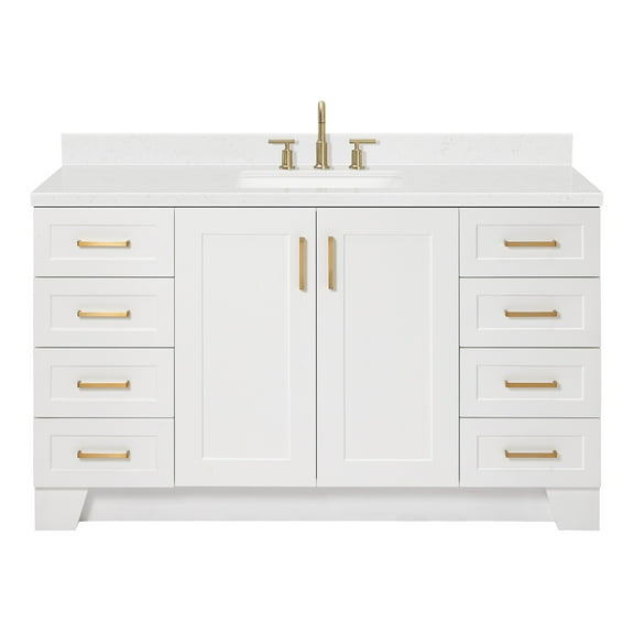 ARIEL Taylor 60" White Bathroom Vanity, 1.5" Edge Carrara Quartz Countertop & Splash, Rectangular Sink, 2 Soft Closing Doors, 9 Full Extension Dovetail Drawers, Toe Kick, Satin Brass