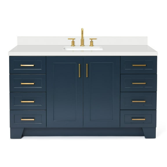 ARIEL 61" Midnight Blue Bathroom Vanity 1.5" Edge Pure White Quartz Countertop & Splash, Rectangular Sink, 2 Soft Closing Doors, 9 Full Extension Dovetail Drawers, Toe Kick, Satin Brass