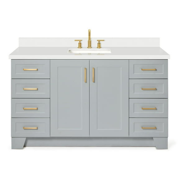 ARIEL 61" Grey Bathroom Vanity 1.5" Edge Pure White Quartz Countertop & Splash, Rectangular Sink, 2 Soft Closing Doors, 9 Full Extension Dovetail Drawers, Brushed Nickel
