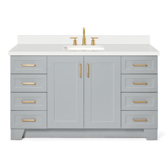 ARIEL 61" Grey Bathroom Vanity 1.5" Edge Pure White Quartz Countertop & Splash, Rectangular Sink, 2 Soft Closing Doors, 9 Full Extension Dovetail Drawers, Brushed Nickel