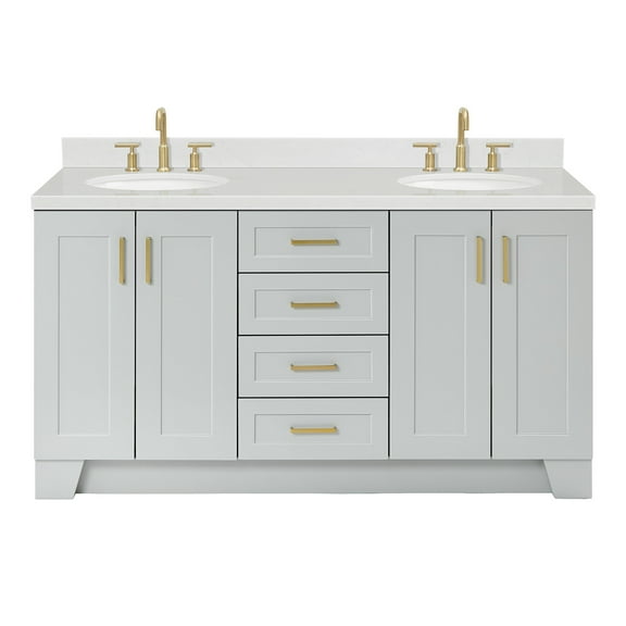 Ariel Taylor 66 Inch Double Oval Sink Bathroom Vanity With Carrara White Quartz Countertop 1.5 Edge In Grey