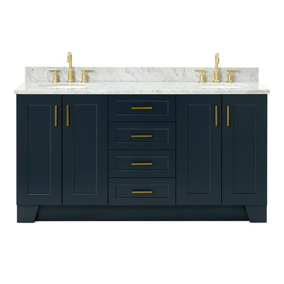 Ariel Taylor 67 Inch Double Oval Sink Vanity With Carrara White Marble Countertop W/0.75" Edge In Midnight Blue
