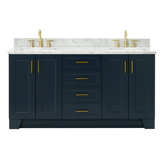 Ariel Taylor 67 Inch Double Rectangle Sink Vanity With Carrara White Marble Countertop W/0.75" Edge In Midnight Blue