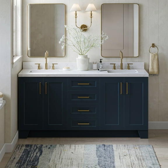 ARIEL Taylor 72 Inch Double Rectangle Sink Bathroom Vanity With Carrara White Quartz Countertop 1.5 Edge In Midnight Blue