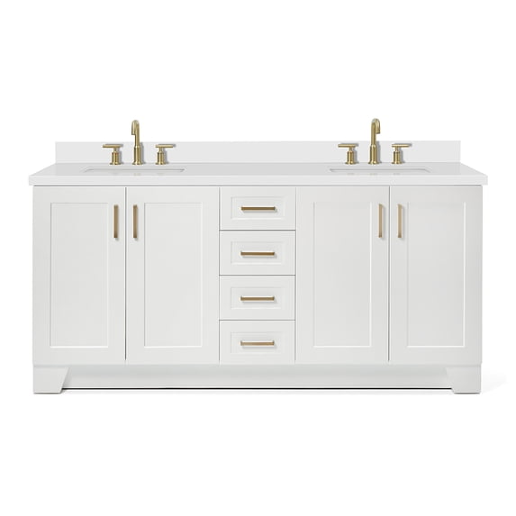 ARIEL 73" White Double Vanity, 1.5" Edge Pure White Quartz Countertop & Splash, Rectangular Sink, 4 Soft Closing Doors, 6 Full Extension Dovetail Drawers, Toe Kick, Satin Brass