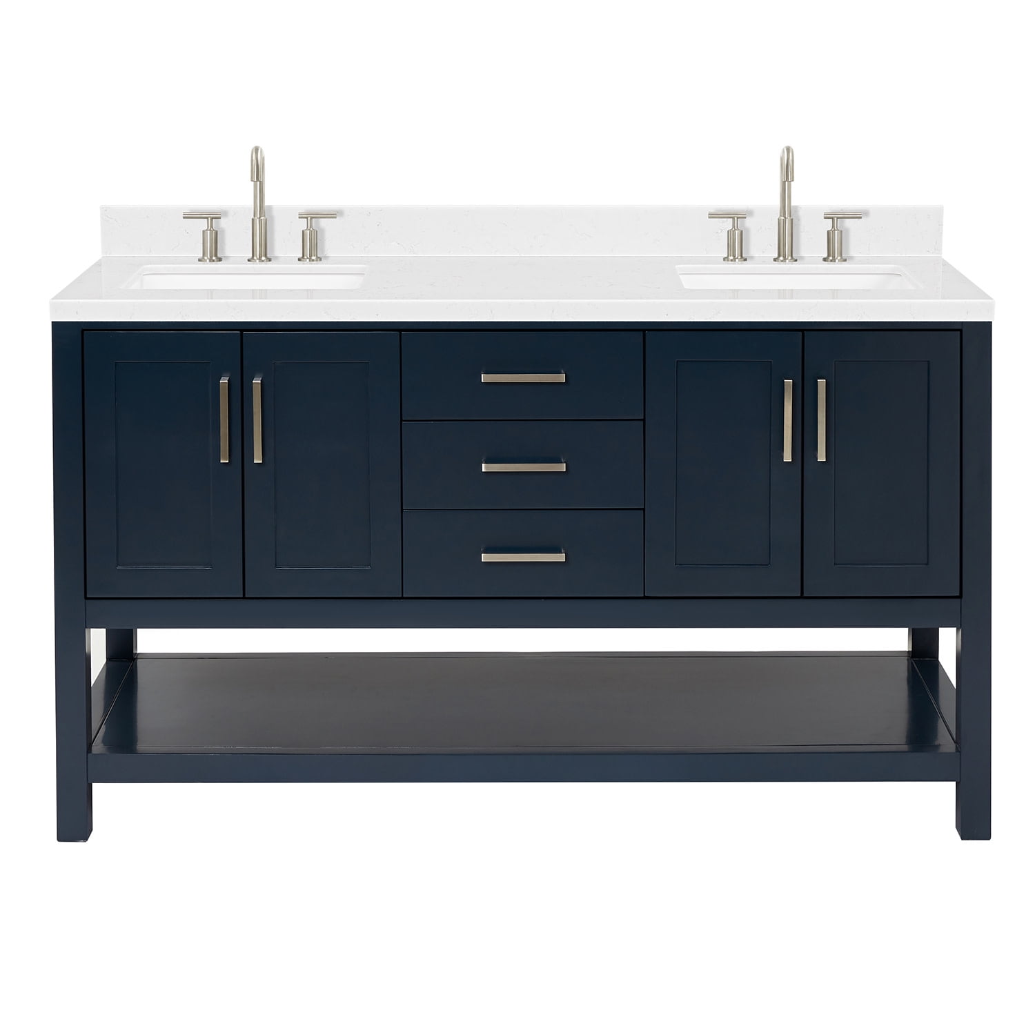 Midnight Blue Solid Wood Double Sink Freestanding Vanity with Quartz Top