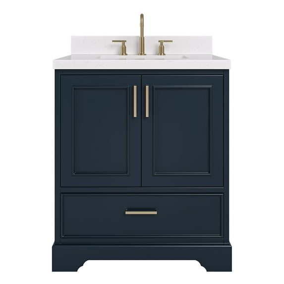 Ariel Stafford 30 In. Rectangule Sink Vanity With 1.5 In. Carrara White Quartz Countertop In Midnight Blue
