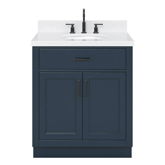 Ariel Hepburn 30 In. Oval Sink Bathroom Vanity With Carrara White Quartz Countertop 1.5 Edge In Midnight Blue