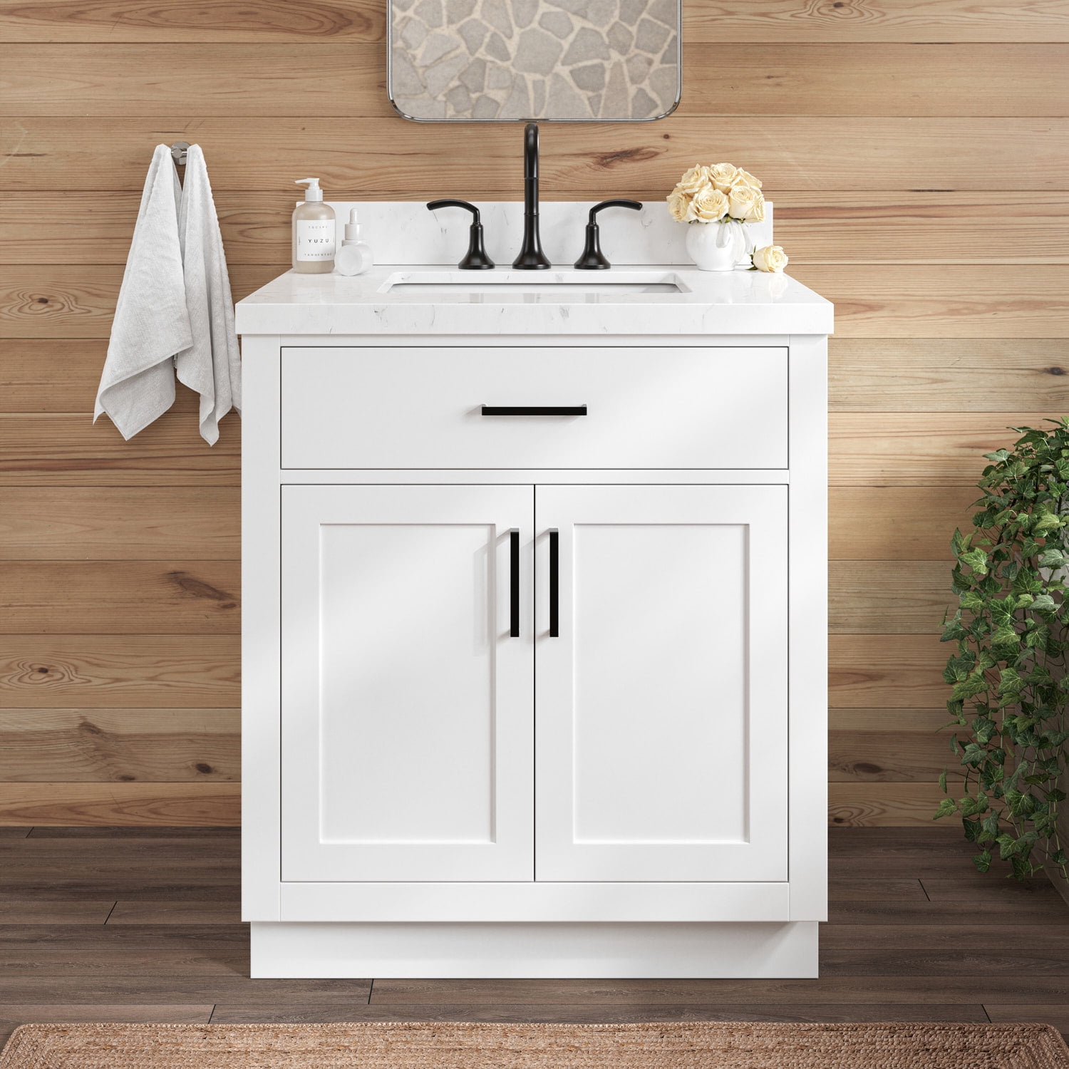 Ariel Hepburn 30 In. Rectangle Sink Bathroom Vanity With Carrara White Quartz Countertop 1.5 Edge In White