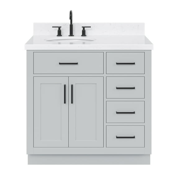 Ariel Hepburn 36 In. Left Offset Oval Sink Bathroom Vanity With Carrara White Quartz Countertop 1.5 Edge In Grey