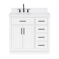 Ariel Hepburn 36 In. Left Offset Oval Sink Bathroom Vanity With Carrara White Quartz Countertop 1.5 Edge In White