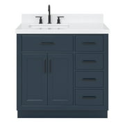 ARIEL Hepburn 36 Midnight Blue Bathroom Vanity, 1.5 Edge Carrara Quartz Countertop & Splash, Left Rectangular Sink, 2 Soft Closing Doors, 5 Full Extension Dovetail Drawers, Matte Black