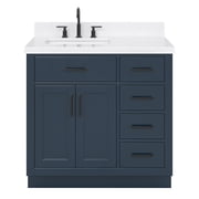 ARIEL Hepburn 36" Midnight Blue Bathroom Vanity, 1.5" Edge Carrara Quartz Countertop & Splash, Left Rectangular Sink, 2 Soft Closing Doors, 5 Full Extension Dovetail Drawers, Matte Black