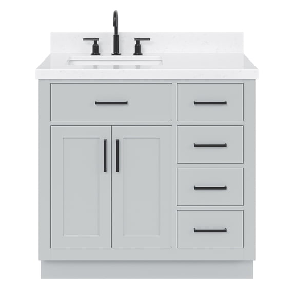 ARIEL Hepburn 36" Grey Bathroom Vanity, 1.5" Edge Carrara Quartz Countertop & Splash, Left Rectangular Sink, 2 Soft Closing Doors, 5 Full Extension Dovetail Drawers, Toe Kick, Matte Black
