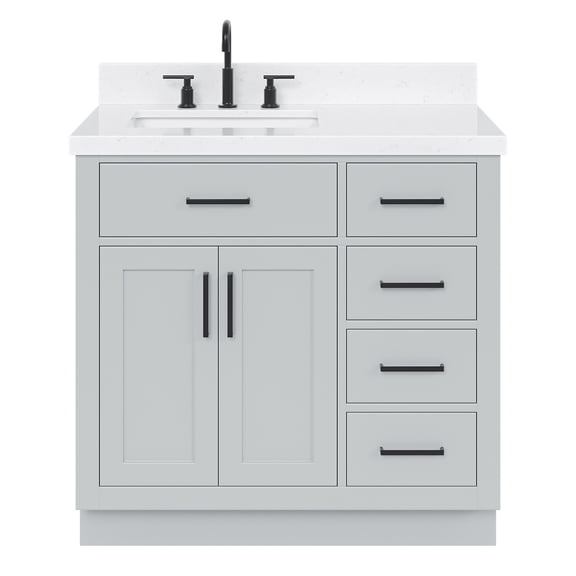ARIEL Hepburn 36" Grey Bathroom Vanity, 1.5" Edge Carrara Quartz Countertop & Splash, Left Rectangular Sink, 2 Soft Closing Doors, 5 Full Extension Dovetail Drawers, Toe Kick, Matte Black