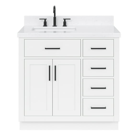 ARIEL Hepburn 36" Bathroom Vanity with Sink in White, 1.5" Edge Carrara Quartz Countertop, Solid Wood, Left Rectangular Single Sink, 2 Soft Closing Doors, 5 Full Extension Dovetail Drawers, Toe Kick