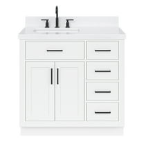 ARIEL Hepburn 36" Bathroom Vanity with Sink in White, 1.5" Edge Carrara Quartz Countertop, Solid Wood, Left Rectangular Single Sink, 2 Soft Closing Doors, 5 Full Extension Dovetail Drawers, Toe Kick