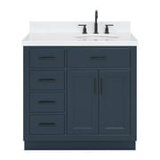 Ariel Hepburn 36 In. Right Offset Oval Sink Bathroom Vanity With Carrara White Quartz Countertop 1.5 Edge In Midnight Blue