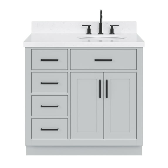 Ariel Hepburn 36 In. Right Offset Oval Sink Bathroom Vanity With Carrara White Quartz Countertop 1.5 Edge In Grey