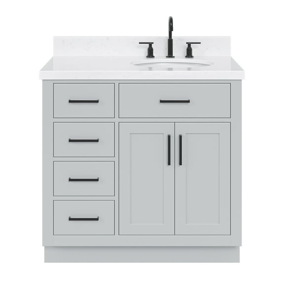 Ariel Hepburn 36 In. Right Offset Oval Sink Bathroom Vanity With Carrara White Quartz Countertop 1.5 Edge In Grey